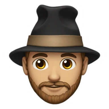 30 year old man, green brown eyes, brown beard and a black hat sticker