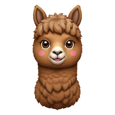Cinematic Cute Brown Alpaca Portrait Emoji, Head tilted playfully and inquisitively, featuring a plush, rich brown fleece with a natural sheen, round, sparkling warm eyes filled with curiosity, Simplified yet irresistibly adorable features, highly detailed, glowing with a warm, friendly glow, high shine, affectionate and gentle, stylized with a touch of whimsy, bright and endearing, soft glowing outline, capturing the essence of a mischievous yet loving alpaca, so playful it feels like it could prance out of the screen and into your arms! sticker