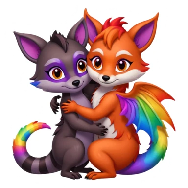 black female raccoon dragon hybrid with rainbow colored wings and purple eyes giving a big hug to a red female fox dragon hybrid with rainbow colored wings and orange eyes sticker