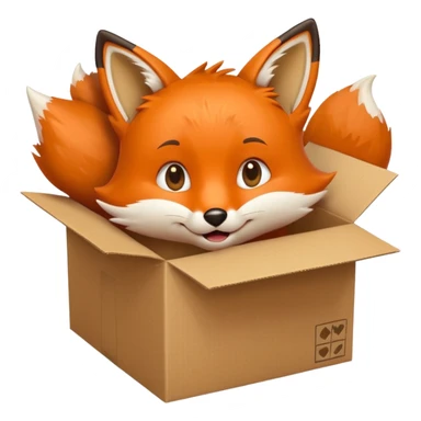 happy fox peeking out of a box, glancing upward, emoji style sticker