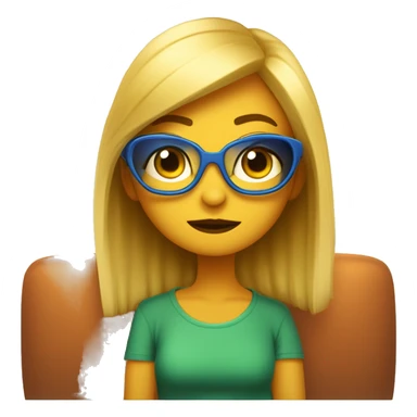 Chica pixar rubia con ojos azules y gafas cuadradas de metal dorado. Está sentada en un sofá con un gato naranja de ojos color miel y una gata tricolor de ojos verdes sticker