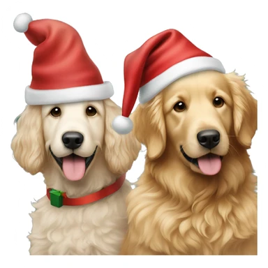 Make a goldendoodle and a golden retriever sitting next to each other with Christmas hats  sticker