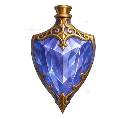 very luxurious crystal elixir bottle in shield shape, color #7986cb, lots of shining, edges, ornaments, golden details, magical effects, very small golden neck, transparent background, beautiful seamless bottom, bottle clearly floating in air, no base or shadow, modern, fits collection sticker