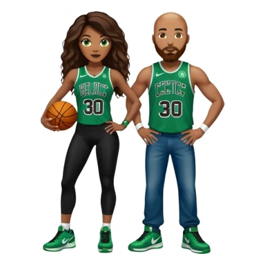 black woman & white man: 48-year-old black woman with Brown eyes, long dark brown balayage hair dressed in sexy 
celtics jersey costume outfit and stilettos with bald white man with Ginger face hair beard, and Blue eyes, in a Jason Tatum Boston Celtics Jersey, jeans and matching Nike sneakers  sticker
