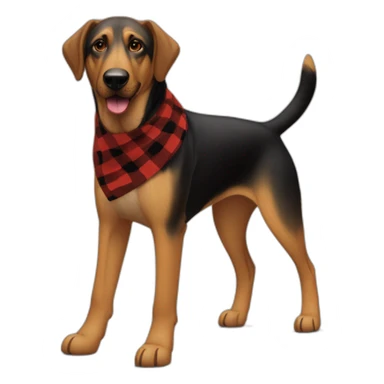 adult 75% Coonhound 25% German Shepherd mix dog with visible tail wearing small pointed red buffalo plaid bandana full body walking left quickly sticker