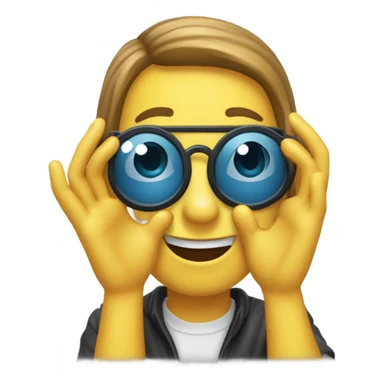 "Create an emoji with the 'goggles celebration' gesture, where both hands form circles in front of the eyes, mimicking glasses. The emoji should convey excitement and joy, with a playful and victorious vibe, using a yellow emoji face."
 sticker