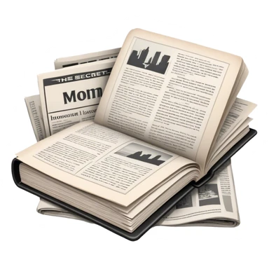 Icon for Non-Fiction & Narrative Reading: an open book with black-and-white photos on the pages, surrounded by a pile of newspaper clippings, and an open folder with top-secret documents. The icon should reflect the blend of real stories and facts in non-fiction literature. Transparent background. sticker