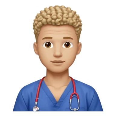 Ripped, athletic man with thick neck, high top fade with no part, curly hair only top only, no shirt and show waistline up add scrubs sticker