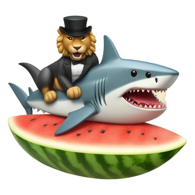 Shark with a top hat on a surfboard eating watermelon while riding a lion sticker
