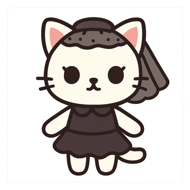 flat toon style white baby cat wearing a black mini dress and black veil sticker