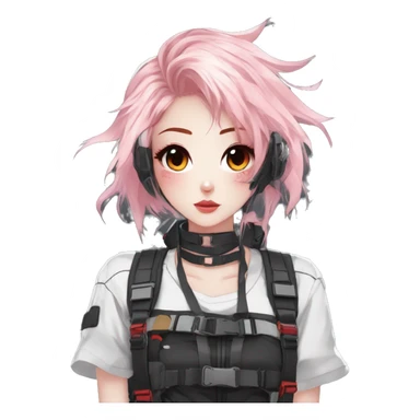 Gorgeous pastel techwear anime style lady with blushing face aesthetic and pretty edgy black red white punk messy hair with collar and harness trending style sticker