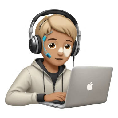 laptop ile çalışan kulaklık tana biri, bilgisayar logosuz olsun sticker