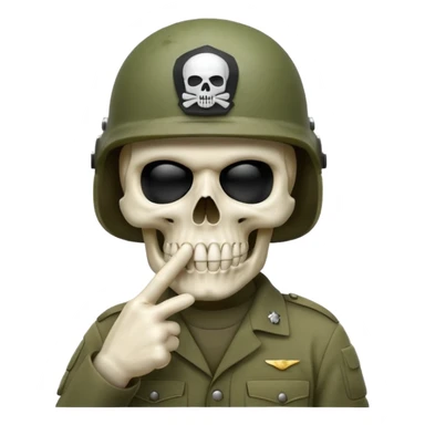 A bold emoji-style bodyless white skull wearing a realistic modern army helmet, making a shushing gesture (index finger bone held up to mouth area). Clean vector style,modern emoji aesthetic.The helmet has detailed realistic texture. sticker