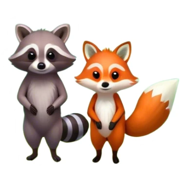 raccoon and a fox among a colorful forest with vibrant green trees, bushes and flowers. The animals are in the foreground, surrounded by a lush, bright forest, with soft sunlight filtering through the leaves. A playful photo-realistic and wild scene with a transparent background. sticker