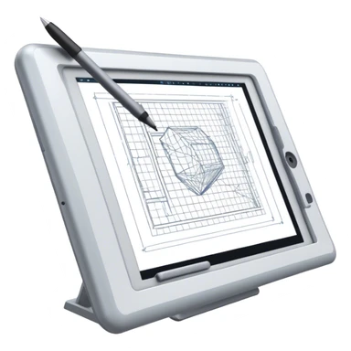 Create an emoji for 3D visualization and modeling. Show wireframe model that pops out from the screen of a large graphic tablet with a stylus drawing in a 3D modeling program. Use modern, professional colors. Do not include any emojis or smiley faces. Make the background transparent. sticker