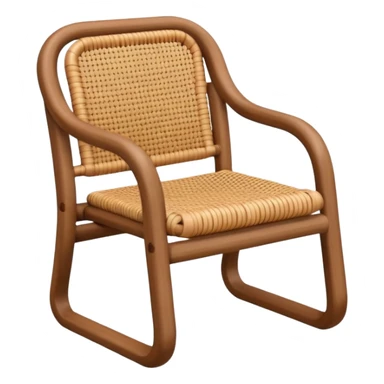 A 3D cartoon wooden chair with woven rattan seat, clean composition, bright background, Memoji-style rendering. sticker