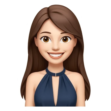 emoji-style illustration of a stylish pretty big smile woman with long straight brown hair, wearing a dark halter neck dress, elegant and chic slayed look, front-facing, soft 3D cartoon rendering, plain background sticker
