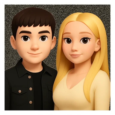 Slightly increase the volume of the upper body of the girl, slightly turn her to face forward, and make the boy's skin lighter, while preserving the cartoon style as in the original image. sticker