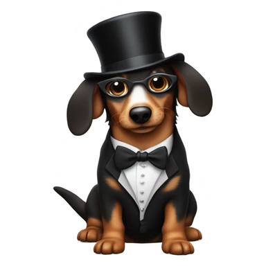 Jerry garcia with a daschund. The daschund is dressed in a tuxedo with a tophat sticker