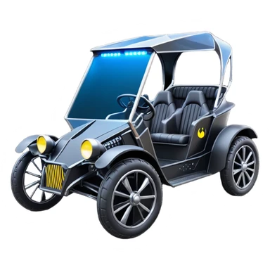 Mad max survival apocalypse ghostly sporty antique electric Darth Vader’s Batman-armored 1876 black graphite colored enclosed twin seat town buggy with horizontal holographic 3d stars painted on the body sides and neon under glow  sticker
