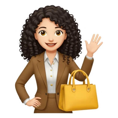 medium deep tan brown business woman with long black curly hair, waving hand with happy face with smile mouth and carrying bag on her shoulder and the other hand holding yellow stanley tumblr sticker