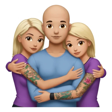 throuple tattooed sleeves bbald male with topless naked big boobed brunette and topless naked big boobed blonde girlfriends  loving  and sexy polygamy sticker