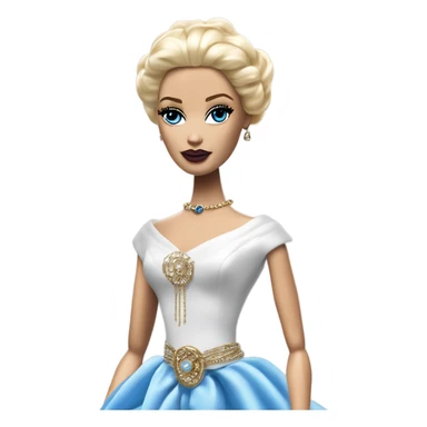 Tall realistic face teen blond Morticia Addams’s in as Princess Leia Barbie in ruffled pearl-white and blue informal ball gown with gold accents and accessories  sticker