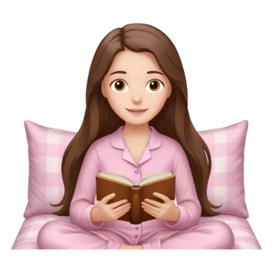  happy white long brunette hair girl with hazel eyes in light pink pajamas reading Pride and Prejudice sticker