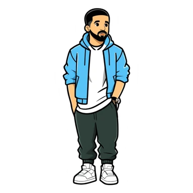 8k, 5000x5000px, 1.5wx1.5h, clean, smooth lines, no background. Celebrity actor and rapper from Scarborough ontario, 2022 digital full body view illustration of Drake sticker