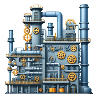 An icon featuring a giant factory with industrial machines and assembly lines, symbolizing mechanical engineering. The design includes gears, robotic arms, and blueprints, representing the creation of machinery and complex systems. Transparent background highlights innovation in manufacturing sticker