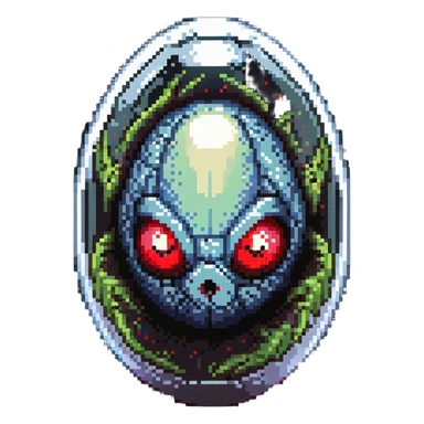 a strange large transparent alien egg, floating inside with a visible creature inside, embryo, embryonic, fetal shape, primordial, 3 glowing red eyes, illuminated from above sticker