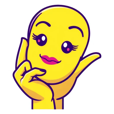 Classic yellow emoji face with closed eyes that form upward curved lines, eyelashes, pursed lips with lipstick, and a hand gesture with only the thumb out while other fingers are closed, all nails painted sticker