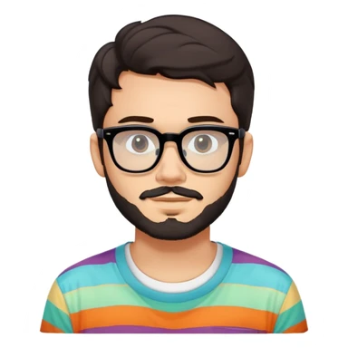 young adult man with light skin, short beard, dark wavy hair, relaxed expression, very wide rectangular glasses with thick black acetate frame and thick double bridge, retro oversized style, colorful open shirt and white t-shirt sticker