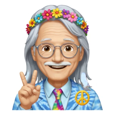 elderly man with long grey hair, glasses, peace sign necklace, tie-dye clothing, flower crown sticker