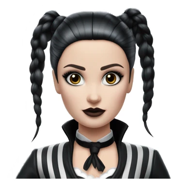 Jeffery New York Lingerie Barbie Wednesday Addams from academy in vertically striped gray and black outfit. riding hot rod bikes with crows sticker