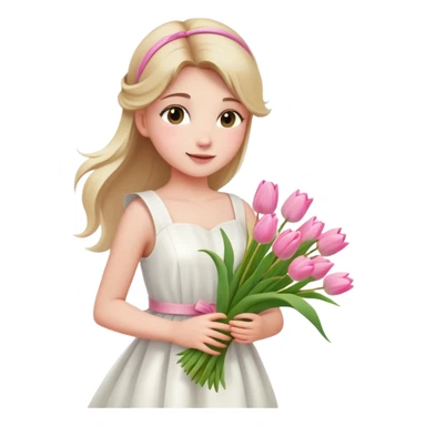  A girl with a half-up half-down hairstyle, and a white dress, enjoying the spring breeze.Holding a bundle of pink tulips sticker