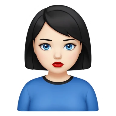 plus size teenage girl with a black bob haircut, side parted, blue eyes, black eyeshadow, red lipstick, wearing a black shirt, emoji style, neutral expression sticker