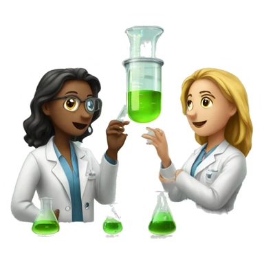 scientists discussing by the window two girls with one clear beaker sticker
