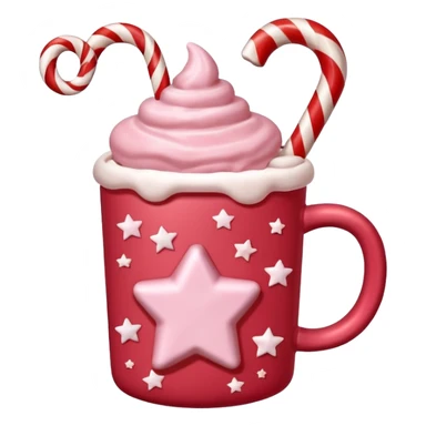 hot chocolate in red and pink pastel christmas mug with stars and candy cane, trendy aesthetic sticker
