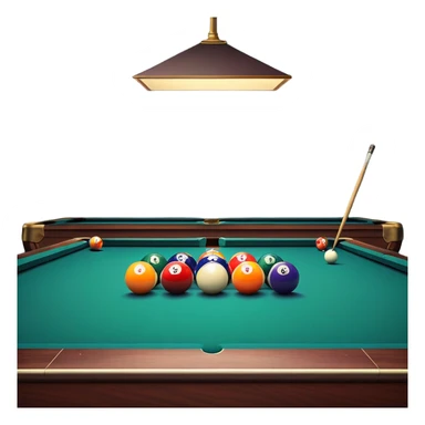 A billiard table with colorful balls arranged in a triangle, and a cue stick poised to break. The scene is set in a dimly lit room, with focused lighting highlighting the balls and table, emphasizing skill, precision, and strategy in the game of pool. sticker