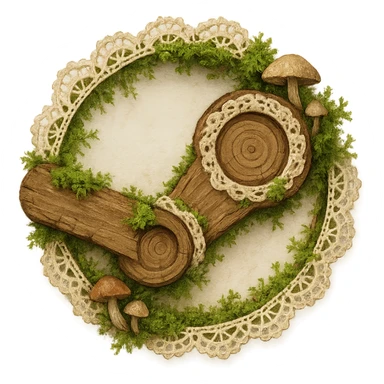 Rustic Steam logo in cottagecore style: logo formed from wooden rings and arms, with lace, moss, and mushrooms, cozy and natural, no text sticker