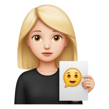 close up of a girl holding a white poster, standing to the side so her face is visible, emoji style sticker
