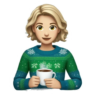 Light brown short haired girl with green eyes drinking coffee wearing blue Christmas sweater sticker