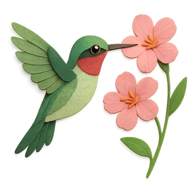 ruby-throated hummingbird in flight, delicate paper layers, hovering near pink flowers, expressive eye sticker