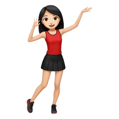 Chicas esbelta con falda corta negra y top rojo,pelo semi largo negro y lacio  super feliz,pero bailando sticker