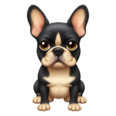 A small, black-and-tan French bulldog with a mostly black face and tan paws, tilting its head slightly with wide, puzzled eyes and a slightly furrowed brow, perhaps with a small question mark near its head sticker