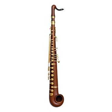 Create an emoji representing a professional bassoon. The design should feature the sleek wooden body of the bassoon with its rich wood tones, showing the intricate keywork and metal springs. The metal tubing of the instrument should be clearly visible, with polished brass accents. Highlight the bell and the distinctive, straight shape of the instrument. The mouthpiece and reed should be visible at the top, emphasizing the functional details. Use warm wood tones like dark brown, with gold and brass accents for the keys and fittings. Add soft musical notes or soundwaves to represent the deep, resonant sound of the bassoon. The background should be transparent. sticker