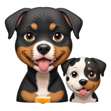 Pitt bull rottweiler white muzzle with black spots tongue out next to one older woman with short silver hair sticker