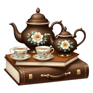 A beautiful vintage tea set stands on a brown book sticker