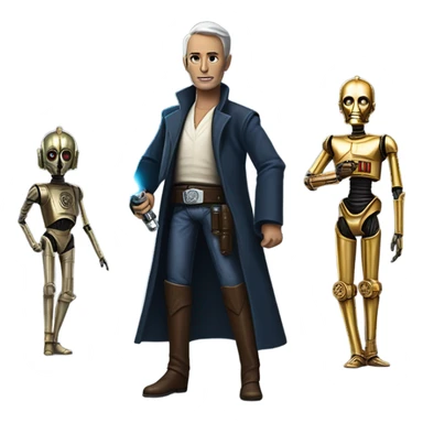 well-equipped jedi first order human-sized darkblue-pearl friendly bounty hunter c3po droid wearing a leather wild west duster coat holding light saber ready to fight but relaxed. antiqued sticker